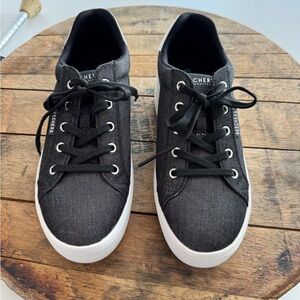 Black chambray platform skechers sneakers